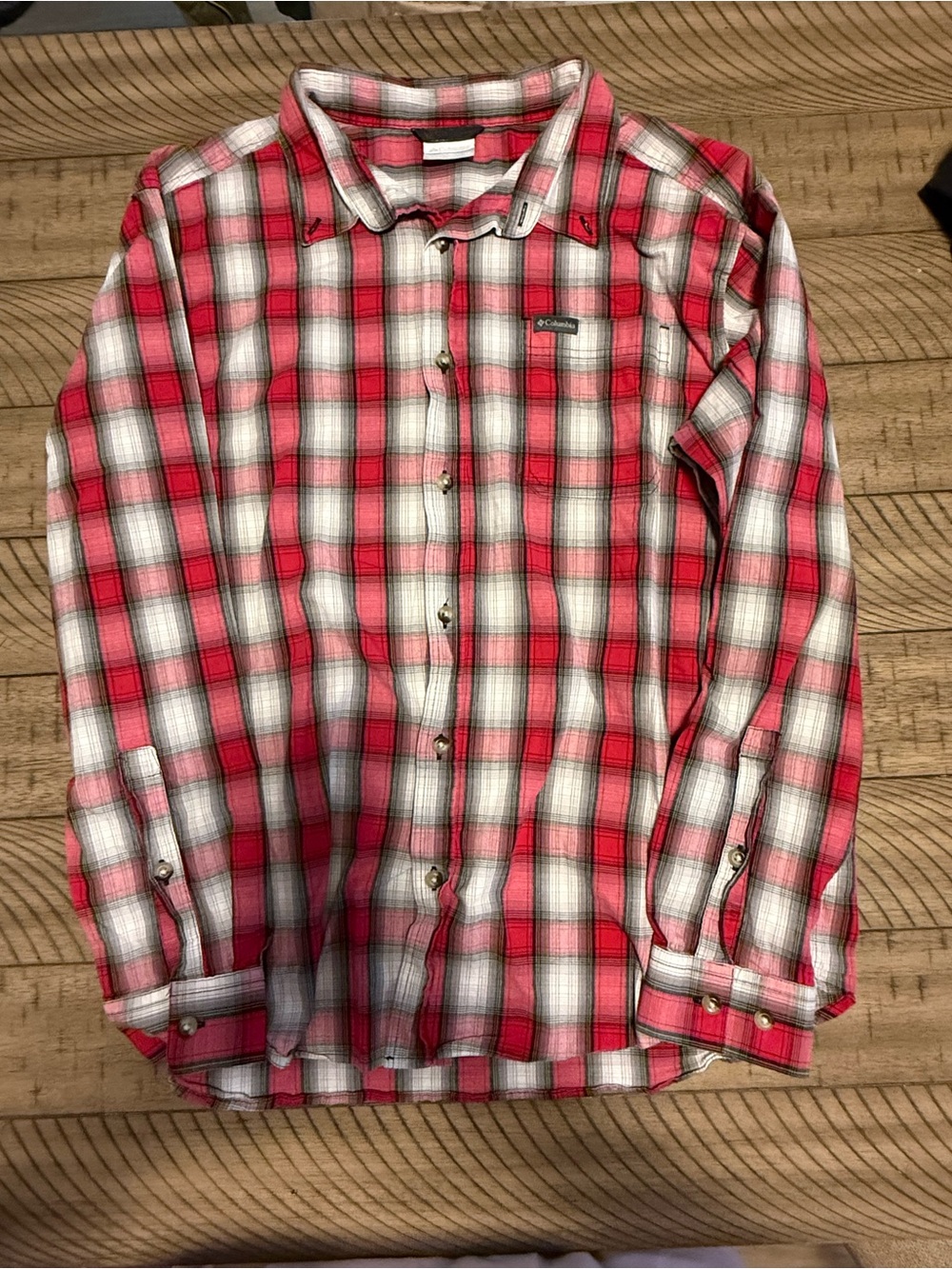 Columbia Men's Red and White Plaid Button-Down Shirt